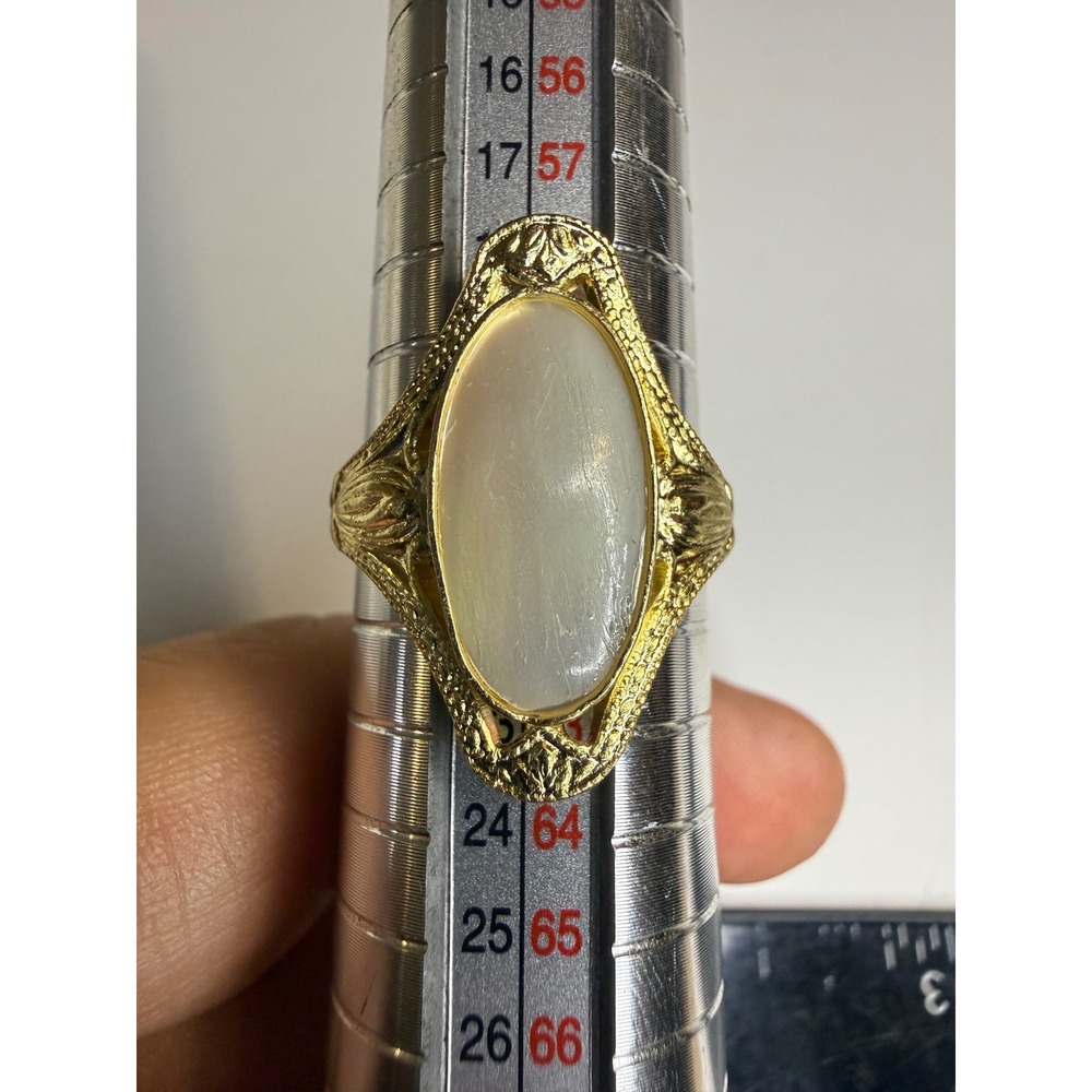 Gold Tone Mother of Pearl Oval Filigree Statement Ring Size 9.5 Cocktail Ring